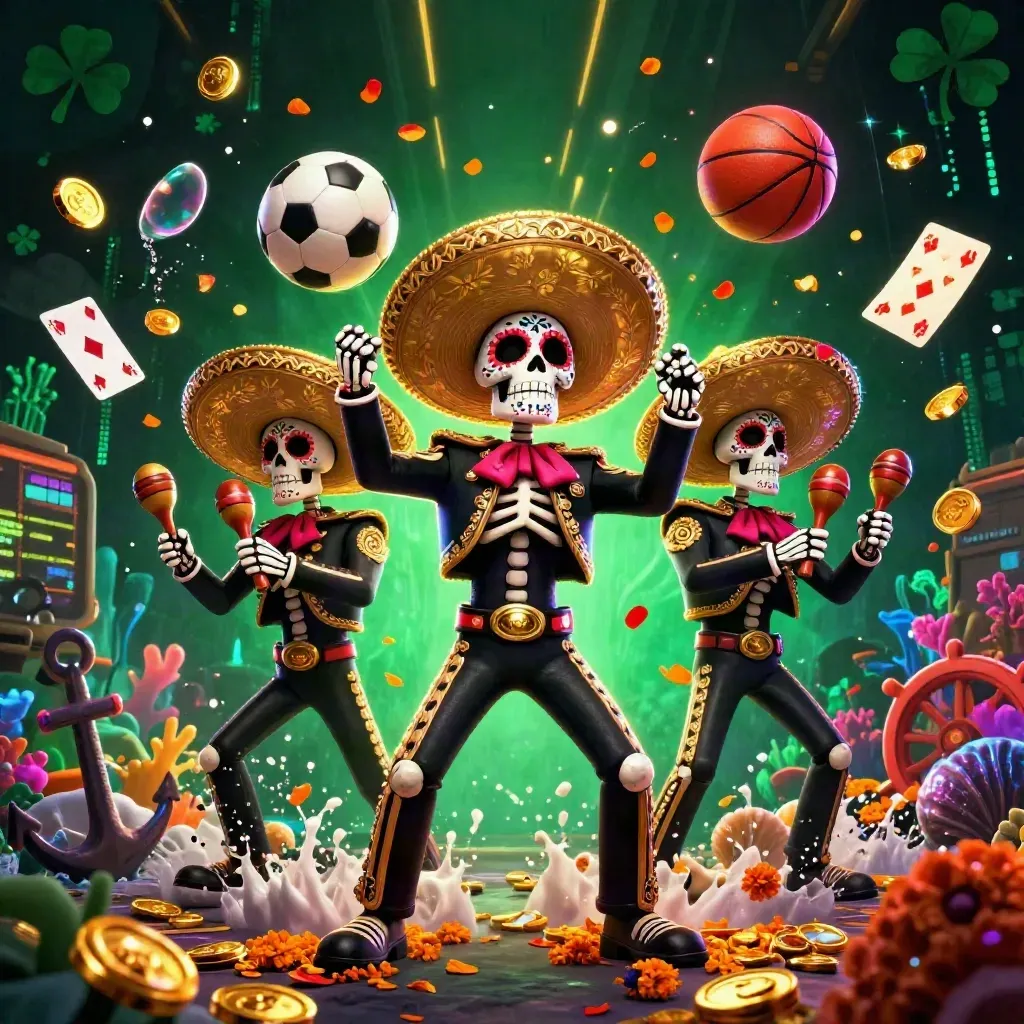 Skeleton mariachi trio amid gold coins, coral, balls, and neon casino lights