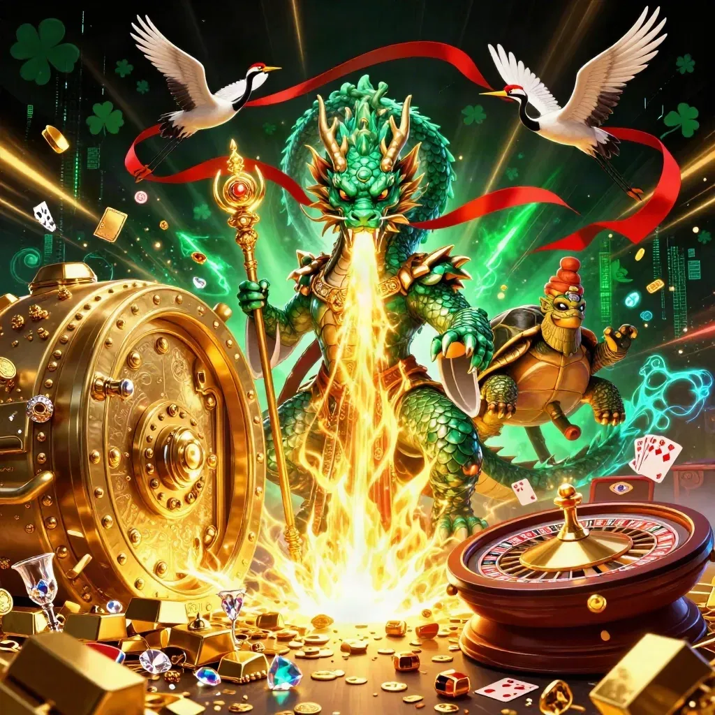 Emerald dragon, turtle sage, and cranes unleash gold fire amid treasure, cards, and neon casino light.