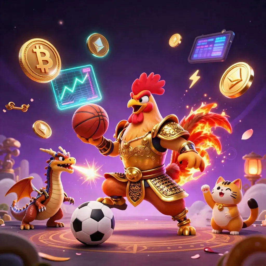 Rooster samurai, dragon hatchling and fortune-cat amid neon coins, balls, lightning and magical fog.