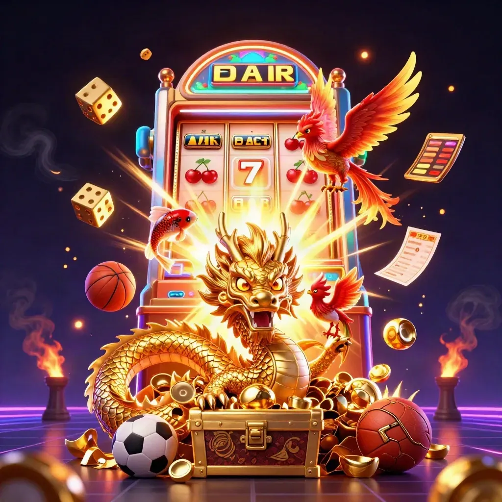 Golden dragon, slot machine blast, sports balls, chest, dice, neon casino glow