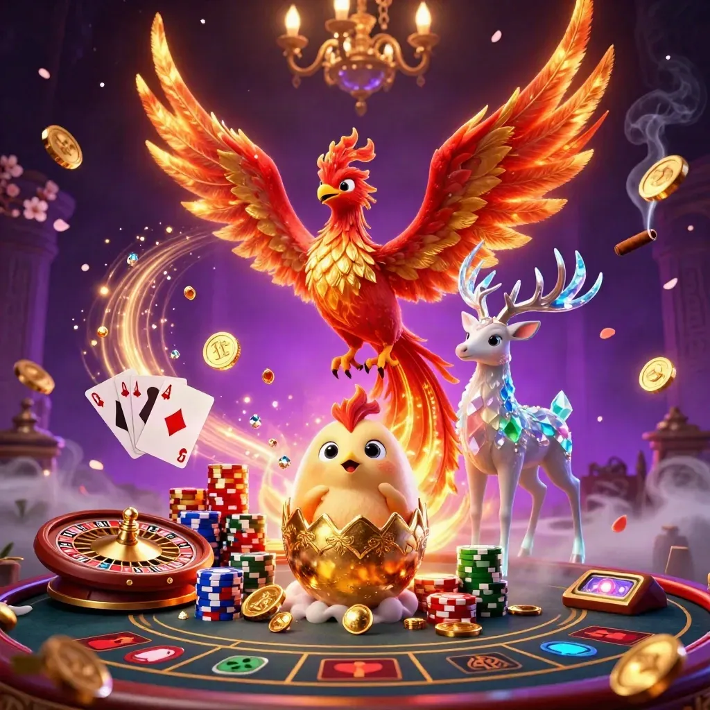 Phoenix, hatchling, and crystal stag amid casino chips, coins, gems, and a glowing roulette wheel.