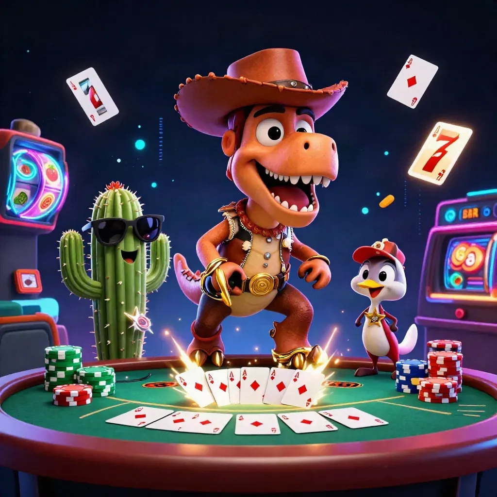 Cowboy T-Rex, cactus sidekick, and roadrunner amid chips, cards, and neon casino sparks.