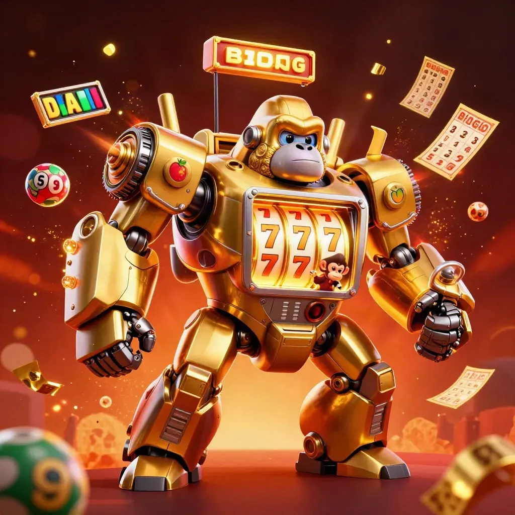 Golden gorilla slot mech with monkey pilot, jackpots, balls and prize wheel in a fiery casino glow