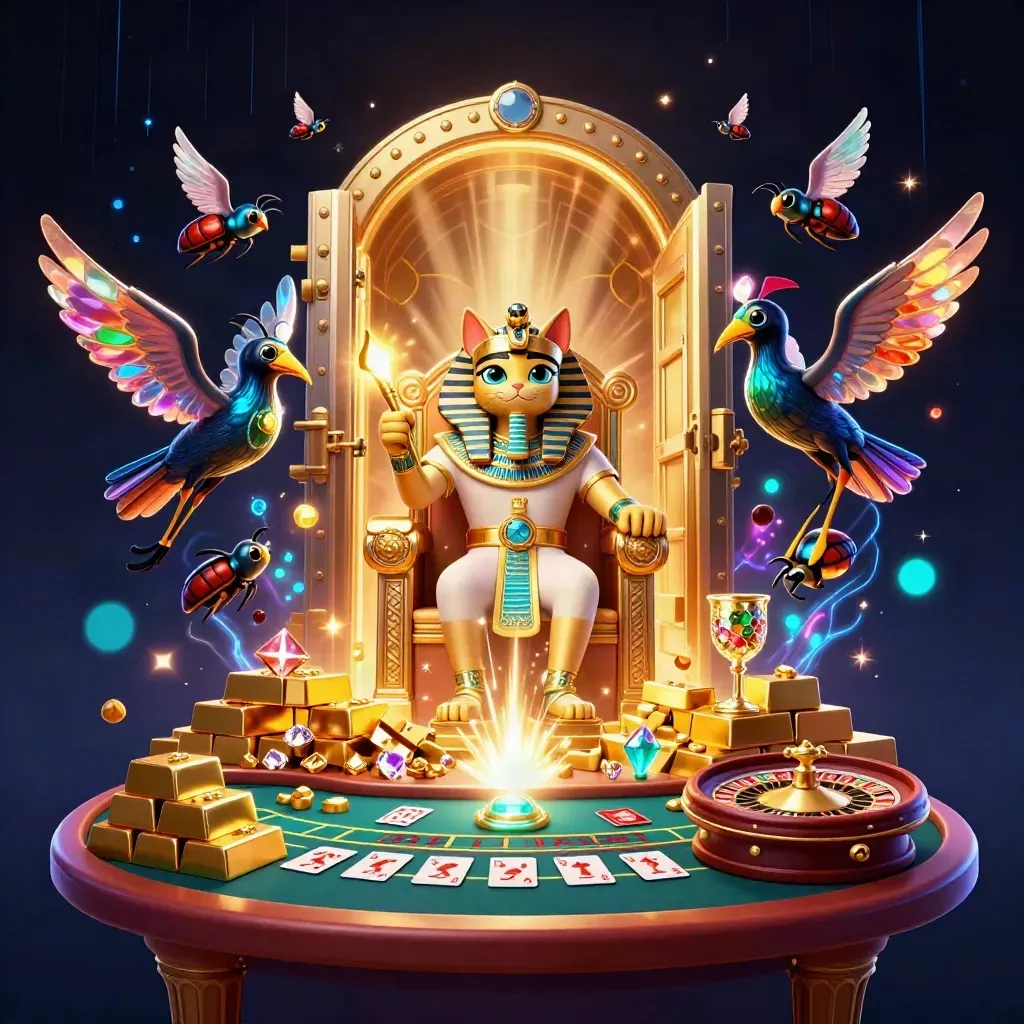 Pharaoh cat and scribe amid a vault blast, gold coins, gems, and casino lights.