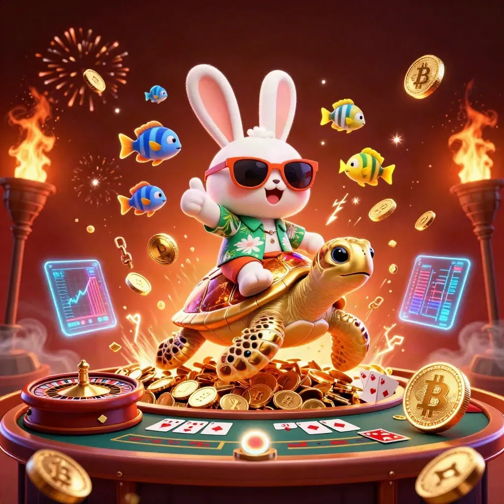 Rabbit in shades rides a jeweled turtle amid coins, fireworks, and casino symbols