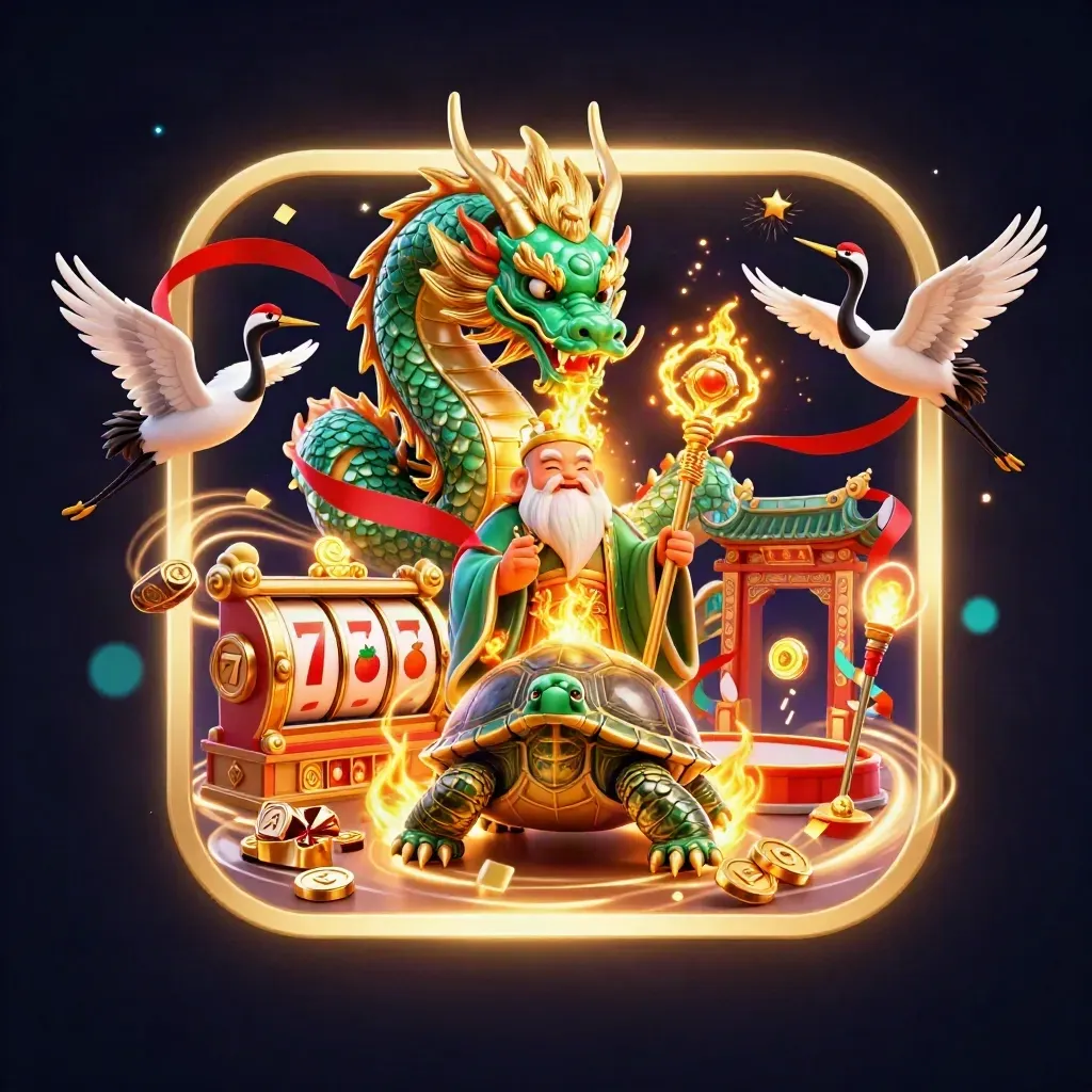Emerald dragon, turtle sage, and cranes amid casino gold, reels, coins, and fireworks.