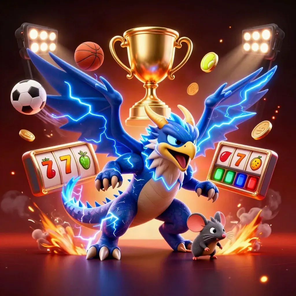 Thunder dragon, wind hawk, and crackling mouse amid casino sports bursts, coins, reels, and trophy.