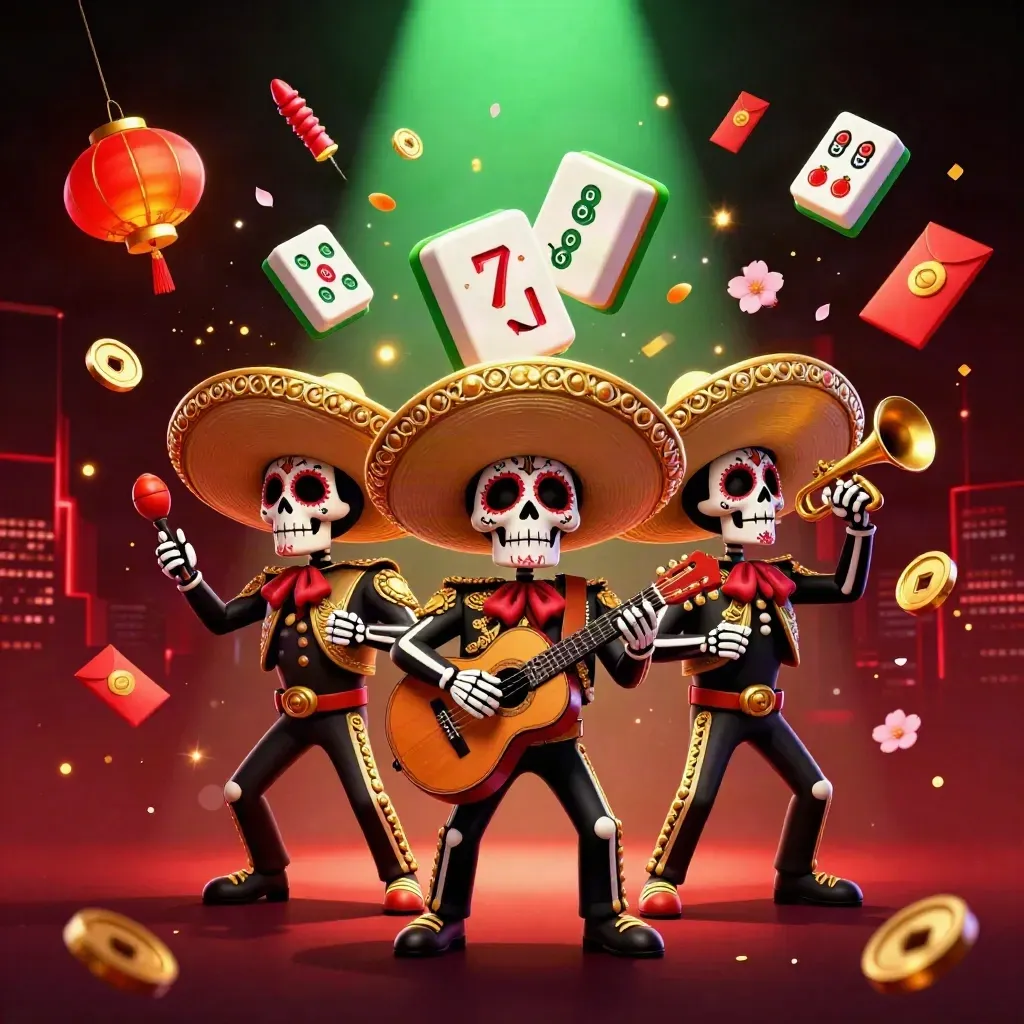 Three skeleton mariachi performers amid casino symbols, lanterns, coins, and emerald glow
