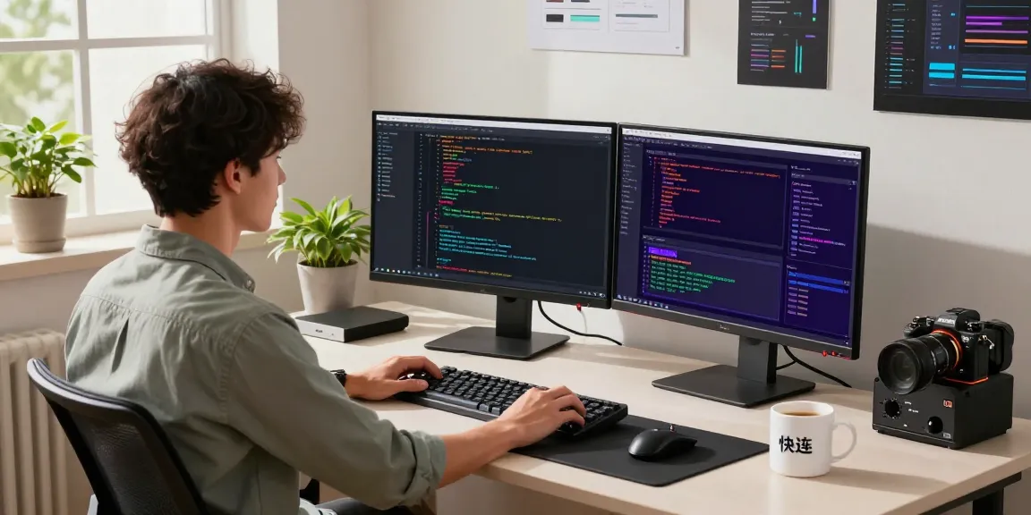 Developer using 快连 software in a modern workspace with dual monitors and coding tools.